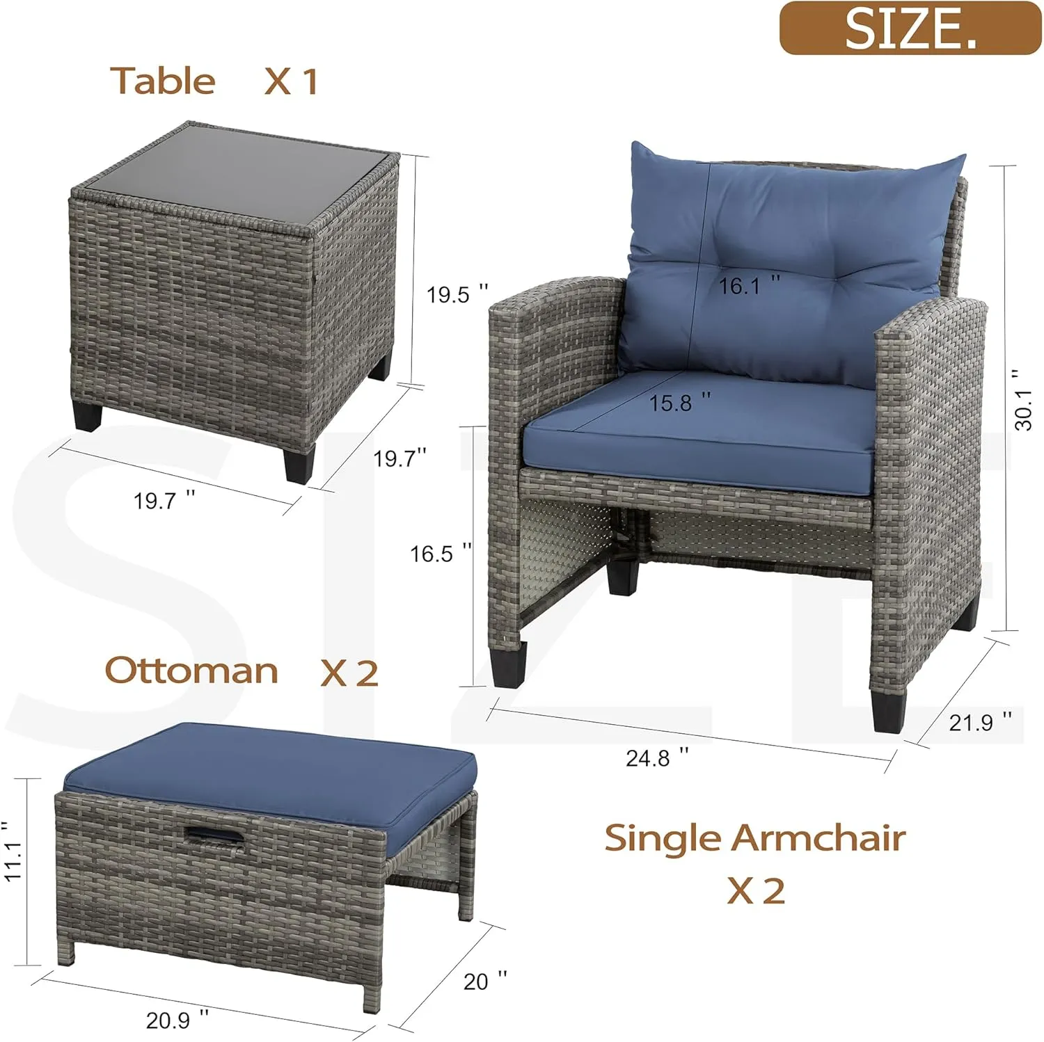Vongrasig 5 Piece Patio Furniture Set, Small Balcony Furniture, PE Wicker Rattan Patio Chairs Set of 2, Outdoor Lounge Chairs with Cushions Ottomans &Glass Table for Porch Garden(Navy Blue)