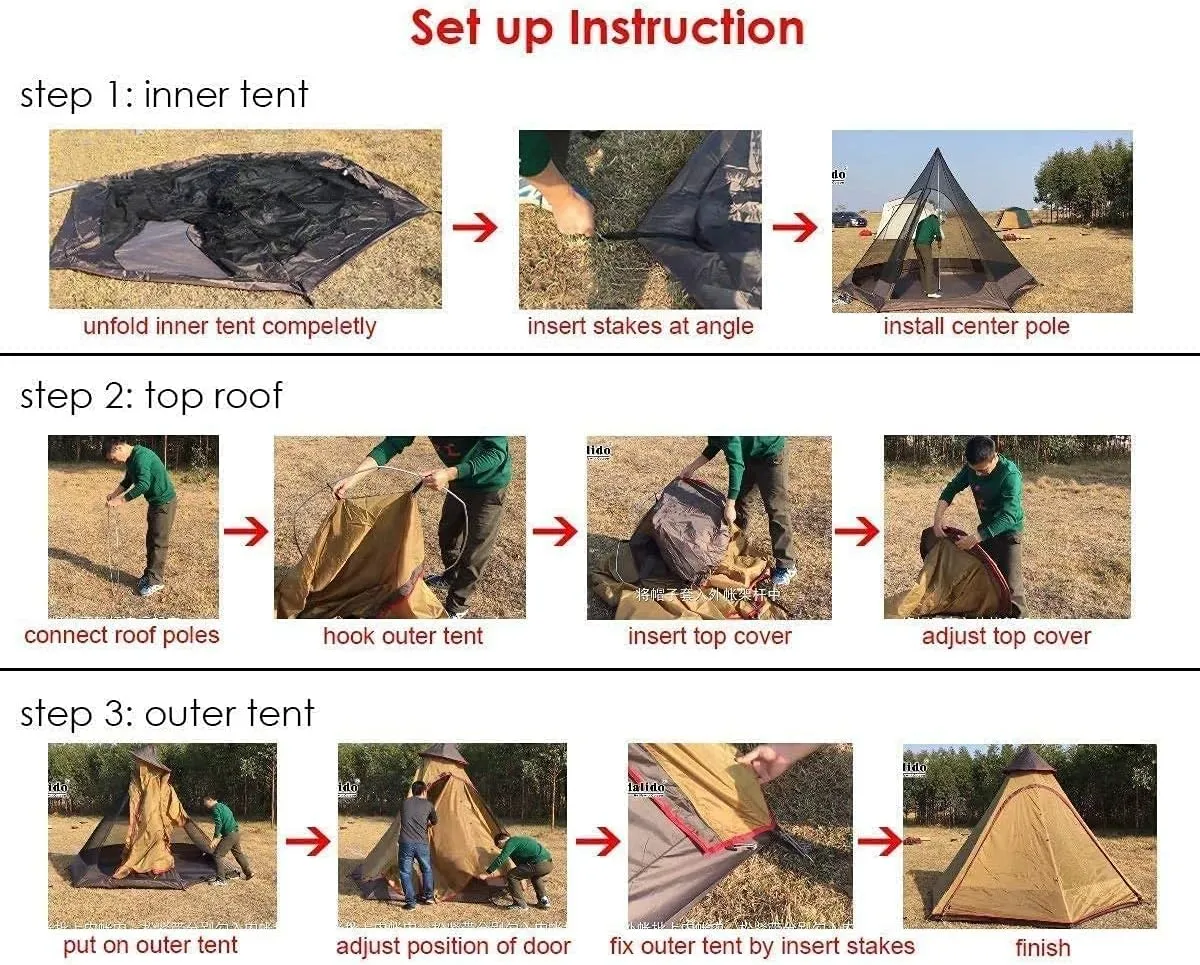 Waterproof 380CM/12.5ft Double Layers Family Tent Teepee Tent for Camping Hiking Hunting 4 Persons