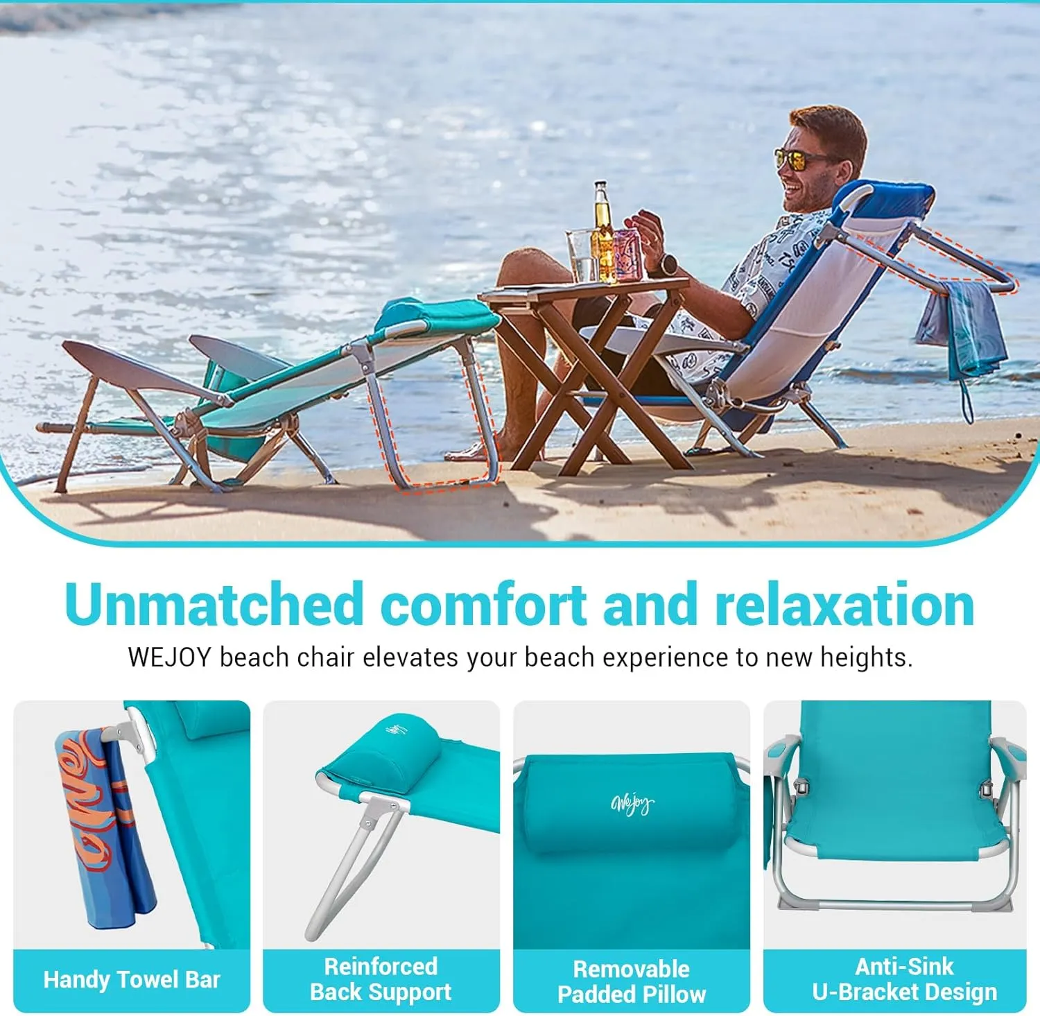 #WEJOY Folding Beach Chair for Adults, 4-Position Aluminum Lightweight Beach Chair, Low Sands Chairs with Shoulder Strap, Cup Holder and Padded Headrest, Supports 265lbs for Lawn