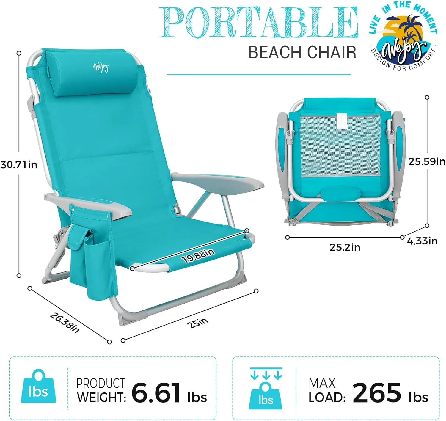 #WEJOY Folding Beach Chair for Adults, 4-Position Aluminum Lightweight Beach Chair, Low Sands Chairs with Shoulder Strap, Cup Holder and Padded Headrest, Supports 265lbs for Lawn