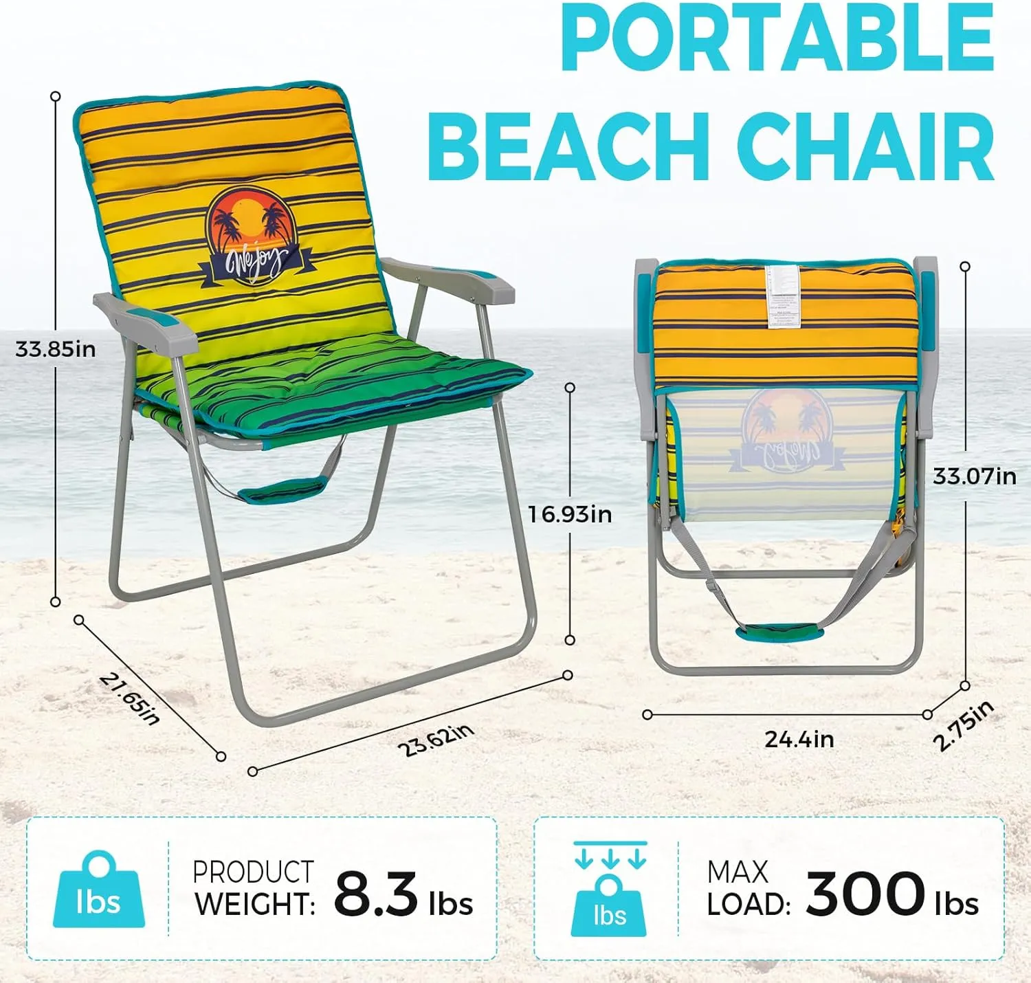 #WEJOY Folding Beach Chair for Adults, Lightweight Beach Chair with Shoulder Straps, High Back Beach Chairs with Hard Armrest, Supports 300lbs for Beach Lawn Concert