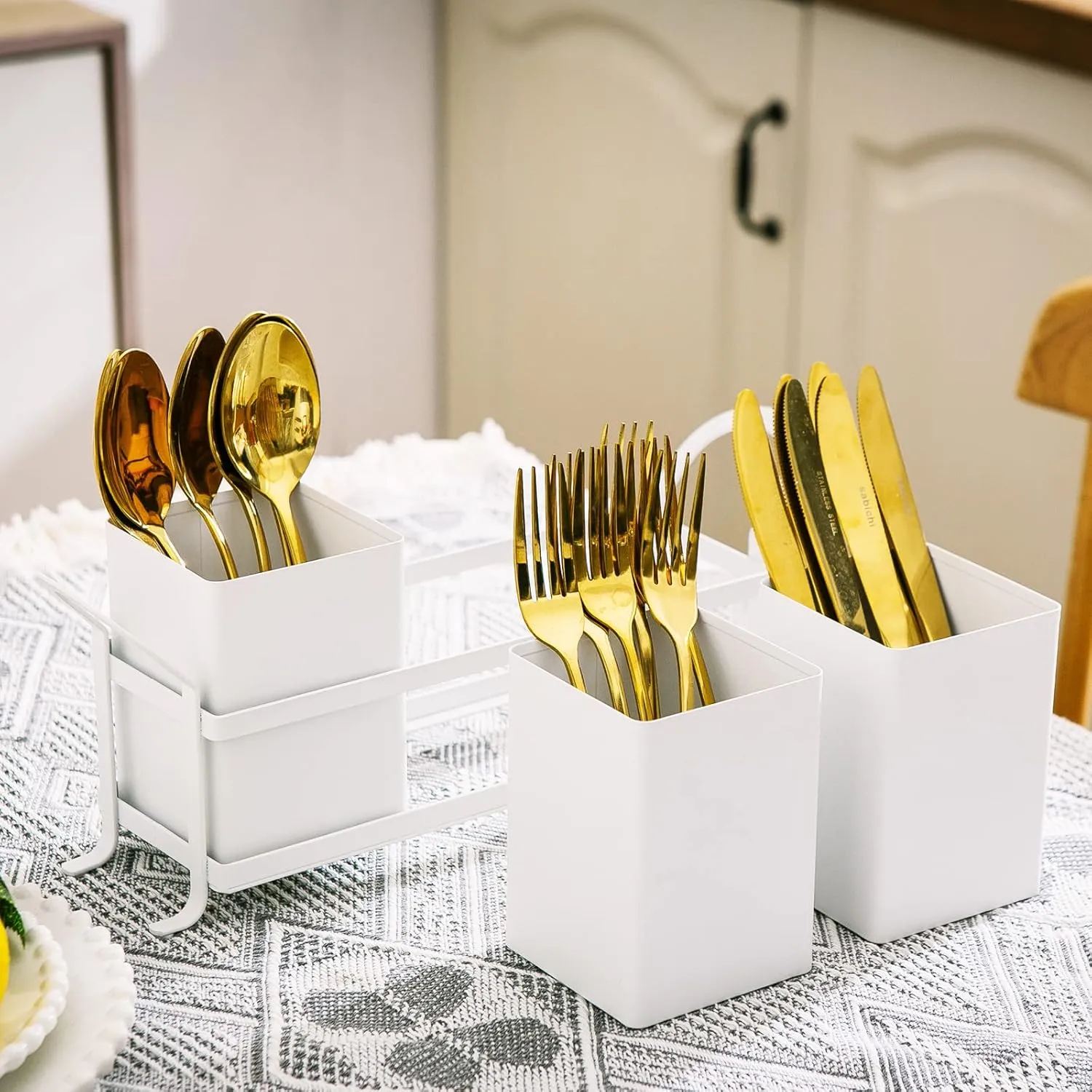 White Metal Utensil Caddy, 3 Compartments, Portable Design, Perfect for Countertop, Outdoor, and Camping
