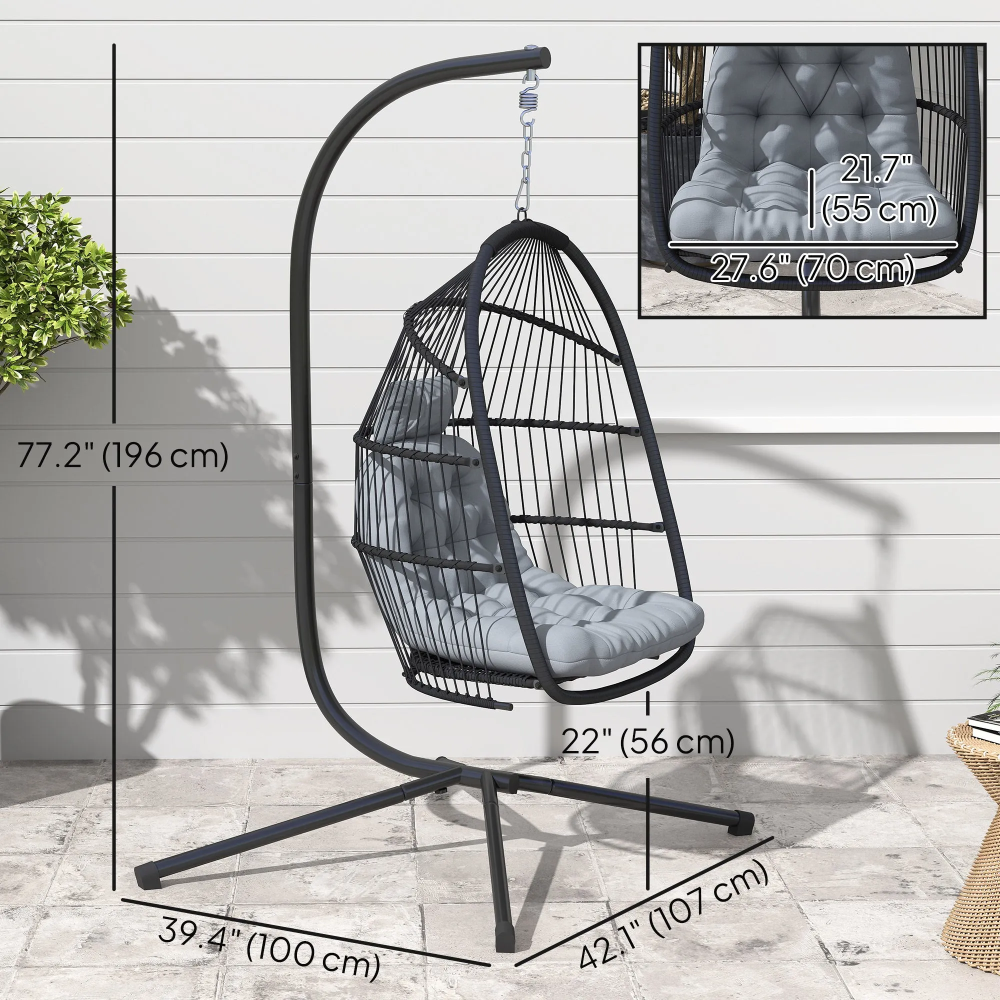 Wicker Egg Swing Chair with Stand, Foldable Hanging Egg Chair with UV Resistant Cushion, Headrest, Dark Grey