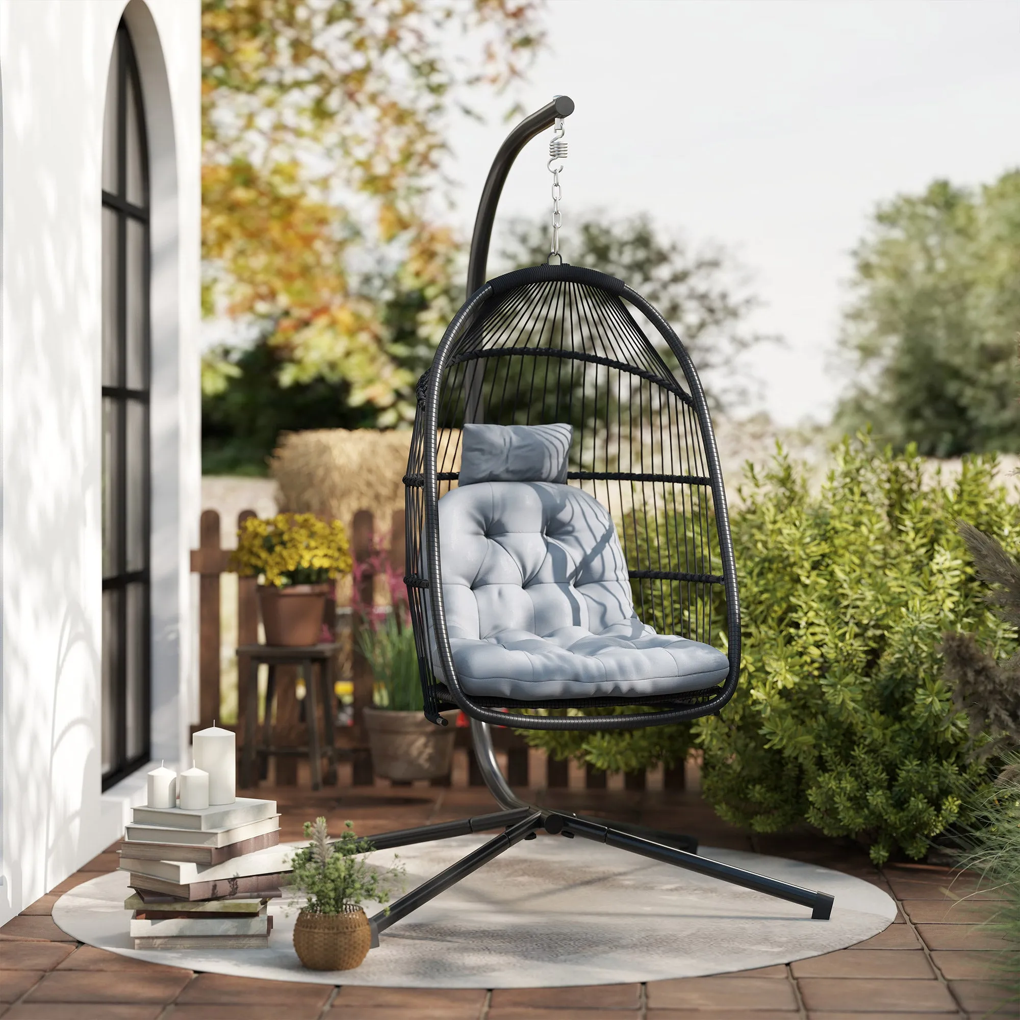 Wicker Egg Swing Chair with Stand, Foldable Hanging Egg Chair with UV Resistant Cushion, Headrest, Dark Grey