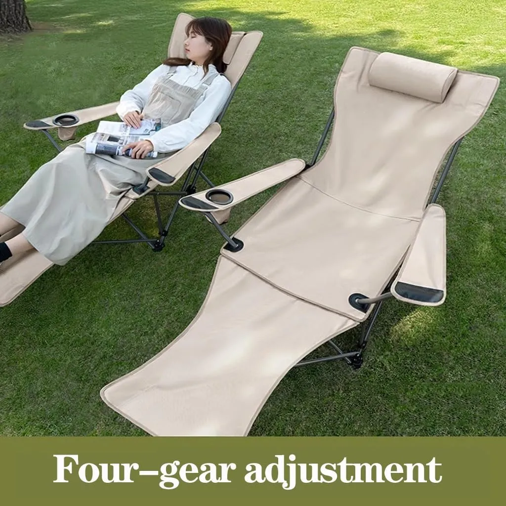 WIGSELBL Camping Chairs Folding Recliner Chair Adjustable with Headrest,Folding Lounge Chair for Adults,Portable Garden Chair Deck Stool for Travel Beach Patio(Cream)