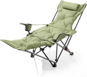 WIGSELBL Padded Folding Recliner Chair Reclining Camping Chairs with Detachable Footrest,Adjustable Backrest,Storage Bag,Cup Holder,Outdoor Lawn Chair for Fishing(Green)