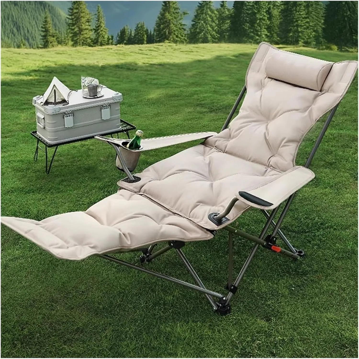 WIGSELBL Padded Folding Recliner Chair Reclining Camping Chairs with Detachable Footrest,Adjustable Backrest,Storage Bag,Cup Holder,Outdoor Lawn Chair for Fishing(Green)