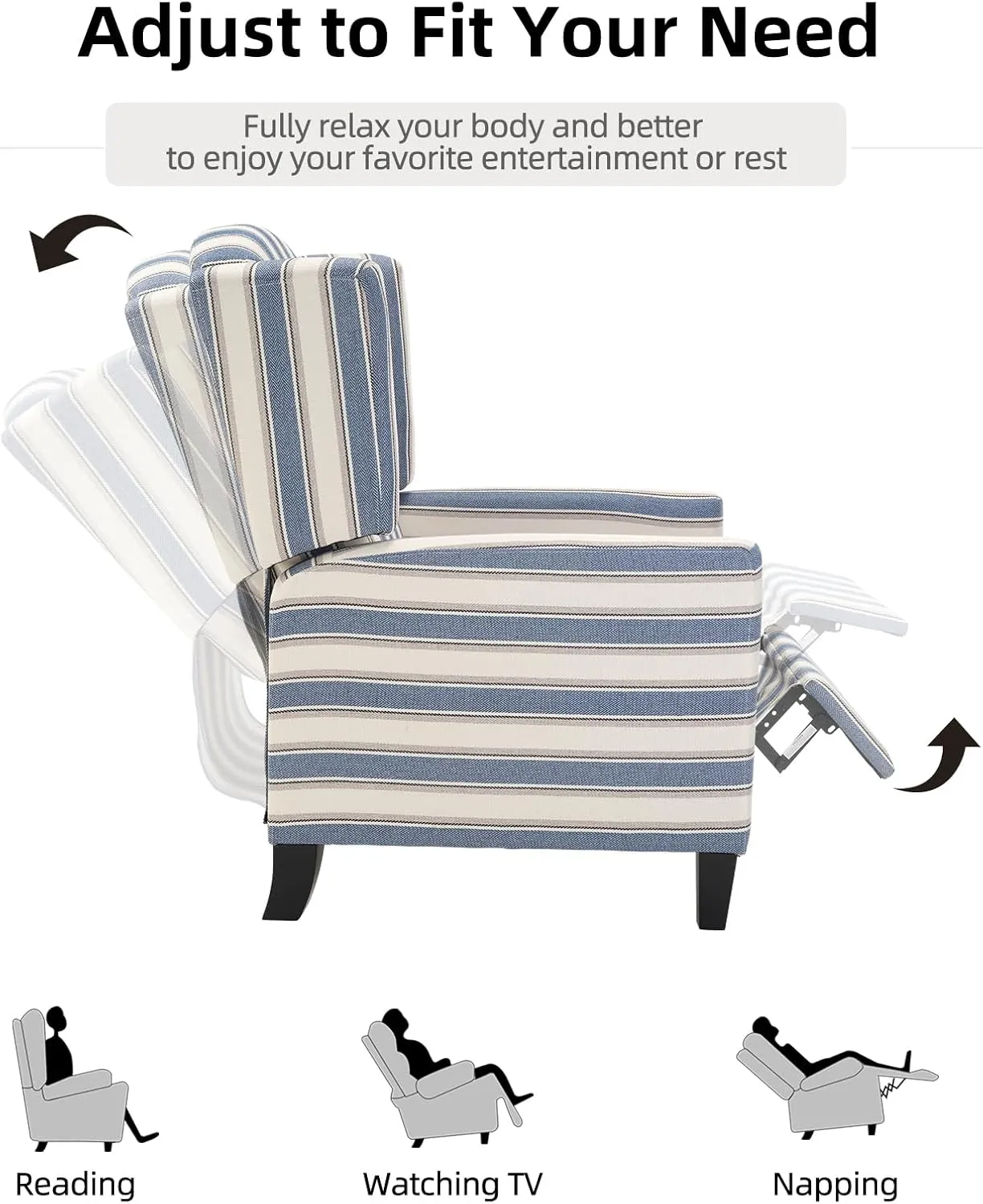 Wingback Pushback Recliner Chair Fabric Lounge Armchair Push Back Single Sofa Chair with Padded Seat Solid Wood Legs for Living Room, Mid Century Modern Recliner (Blue Stripe)