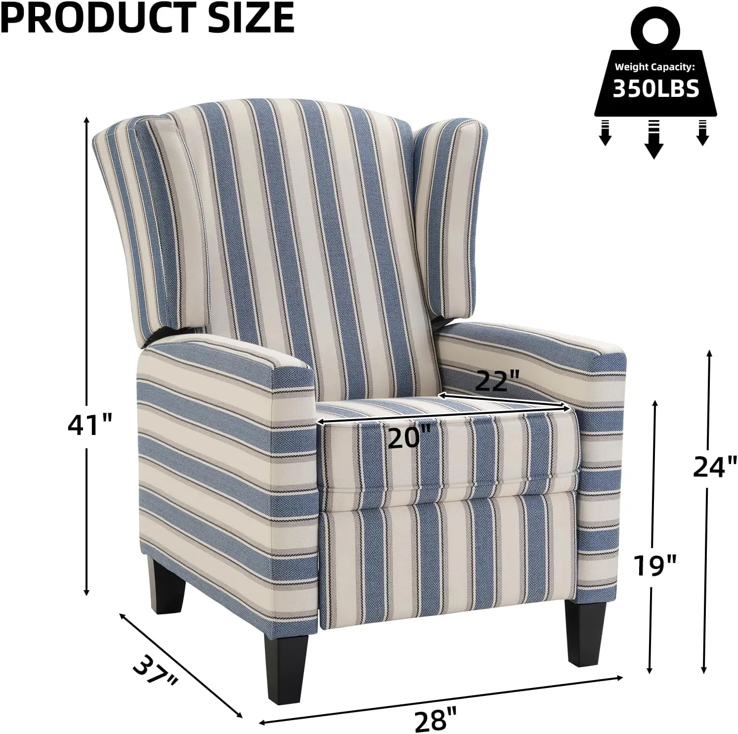 Wingback Pushback Recliner Chair Fabric Lounge Armchair Push Back Single Sofa Chair with Padded Seat Solid Wood Legs for Living Room, Mid Century Modern Recliner (Blue Stripe)