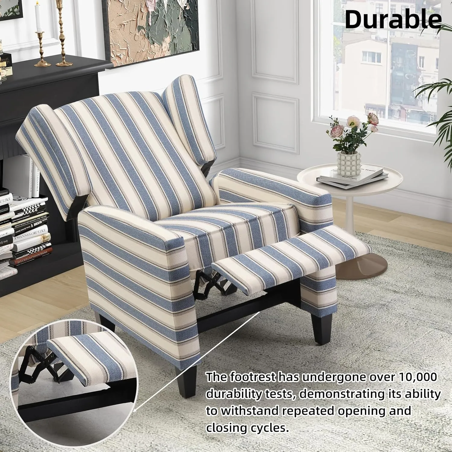 Wingback Pushback Recliner Chair Fabric Lounge Armchair Push Back Single Sofa Chair with Padded Seat Solid Wood Legs for Living Room, Mid Century Modern Recliner (Blue Stripe)