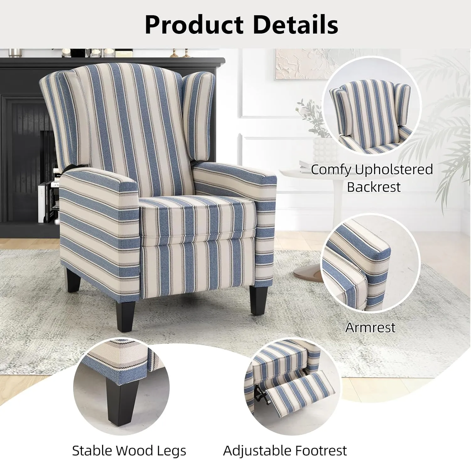 Wingback Pushback Recliner Chair Fabric Lounge Armchair Push Back Single Sofa Chair with Padded Seat Solid Wood Legs for Living Room, Mid Century Modern Recliner (Blue Stripe)