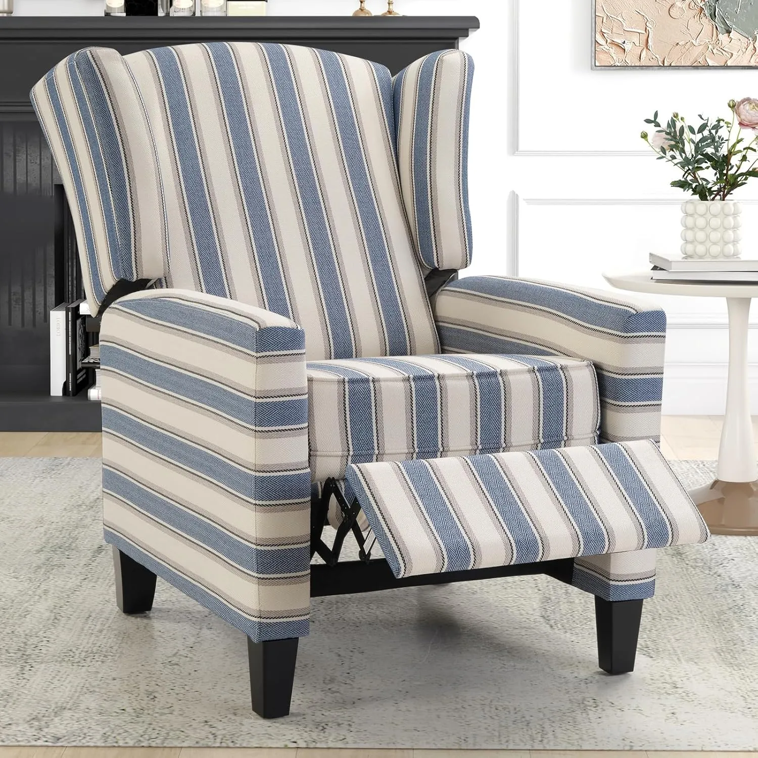 Wingback Pushback Recliner Chair Fabric Lounge Armchair Push Back Single Sofa Chair with Padded Seat Solid Wood Legs for Living Room, Mid Century Modern Recliner (Blue Stripe)