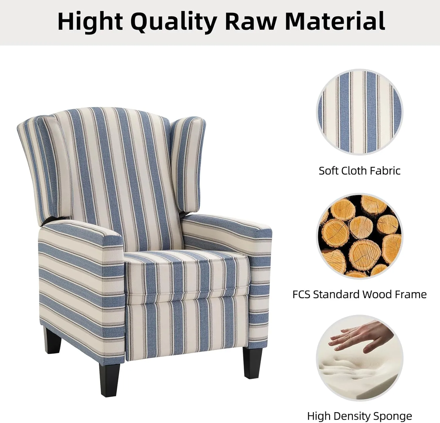 Wingback Pushback Recliner Chair Fabric Lounge Armchair Push Back Single Sofa Chair with Padded Seat Solid Wood Legs for Living Room, Mid Century Modern Recliner (Blue Stripe)