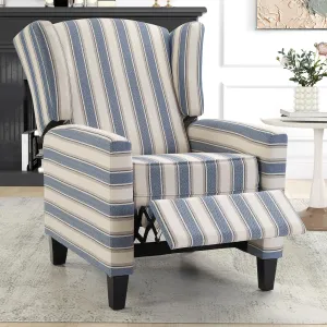 Wingback Pushback Recliner Chair Fabric Lounge Armchair Push Back Single Sofa Chair with Padded Seat Solid Wood Legs for Living Room, Mid Century Modern Recliner (Blue Stripe)