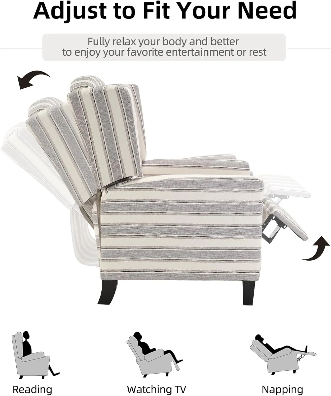 Wingback Pushback Recliner Chair Fabric Lounge Armchair Push Back Single Sofa Chair with Padded Seat Solid Wood Legs for Living Room, Mid Century Modern Recliner (Grey Stripe)