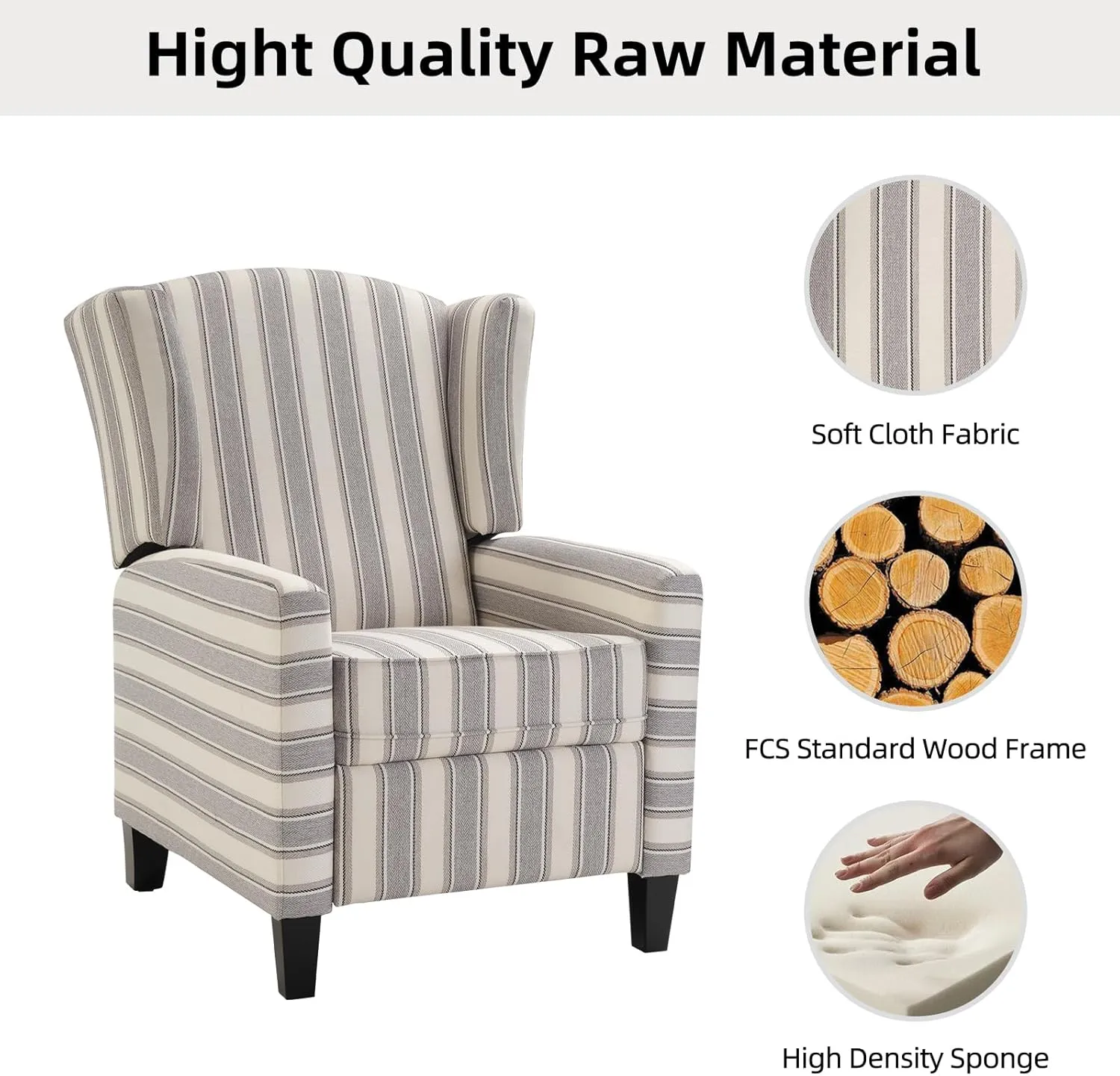 Wingback Pushback Recliner Chair Fabric Lounge Armchair Push Back Single Sofa Chair with Padded Seat Solid Wood Legs for Living Room, Mid Century Modern Recliner (Grey Stripe)
