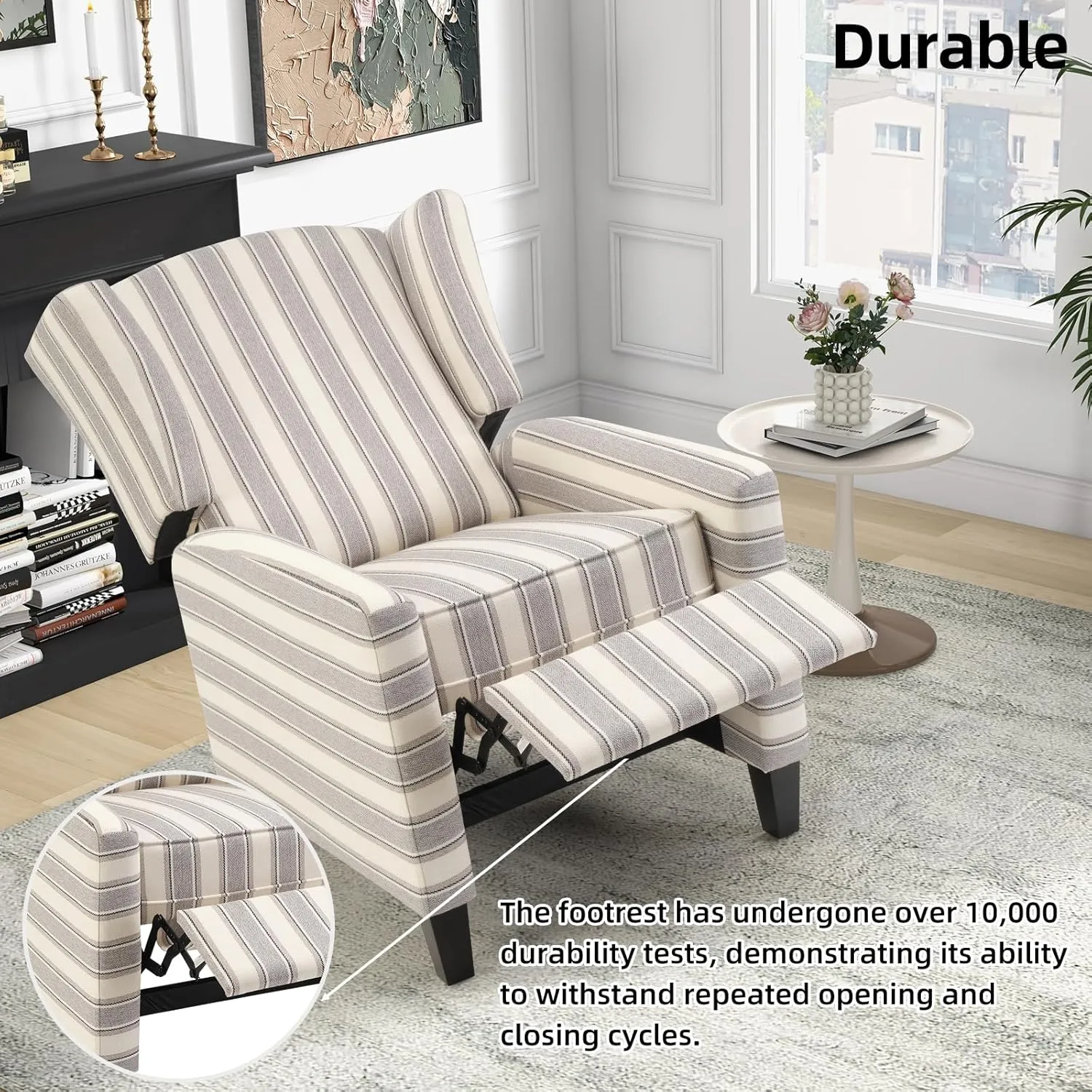 Wingback Pushback Recliner Chair Fabric Lounge Armchair Push Back Single Sofa Chair with Padded Seat Solid Wood Legs for Living Room, Mid Century Modern Recliner (Grey Stripe)