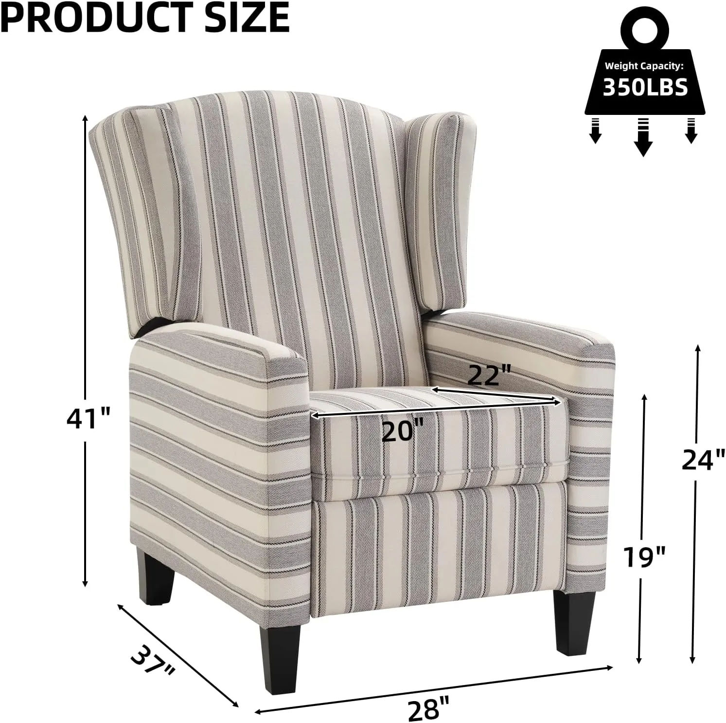 Wingback Pushback Recliner Chair Fabric Lounge Armchair Push Back Single Sofa Chair with Padded Seat Solid Wood Legs for Living Room, Mid Century Modern Recliner (Grey Stripe)