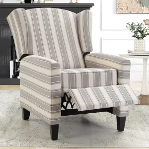 Wingback Pushback Recliner Chair Fabric Lounge Armchair Push Back Single Sofa Chair with Padded Seat Solid Wood Legs for Living Room, Mid Century Modern Recliner (Grey Stripe)