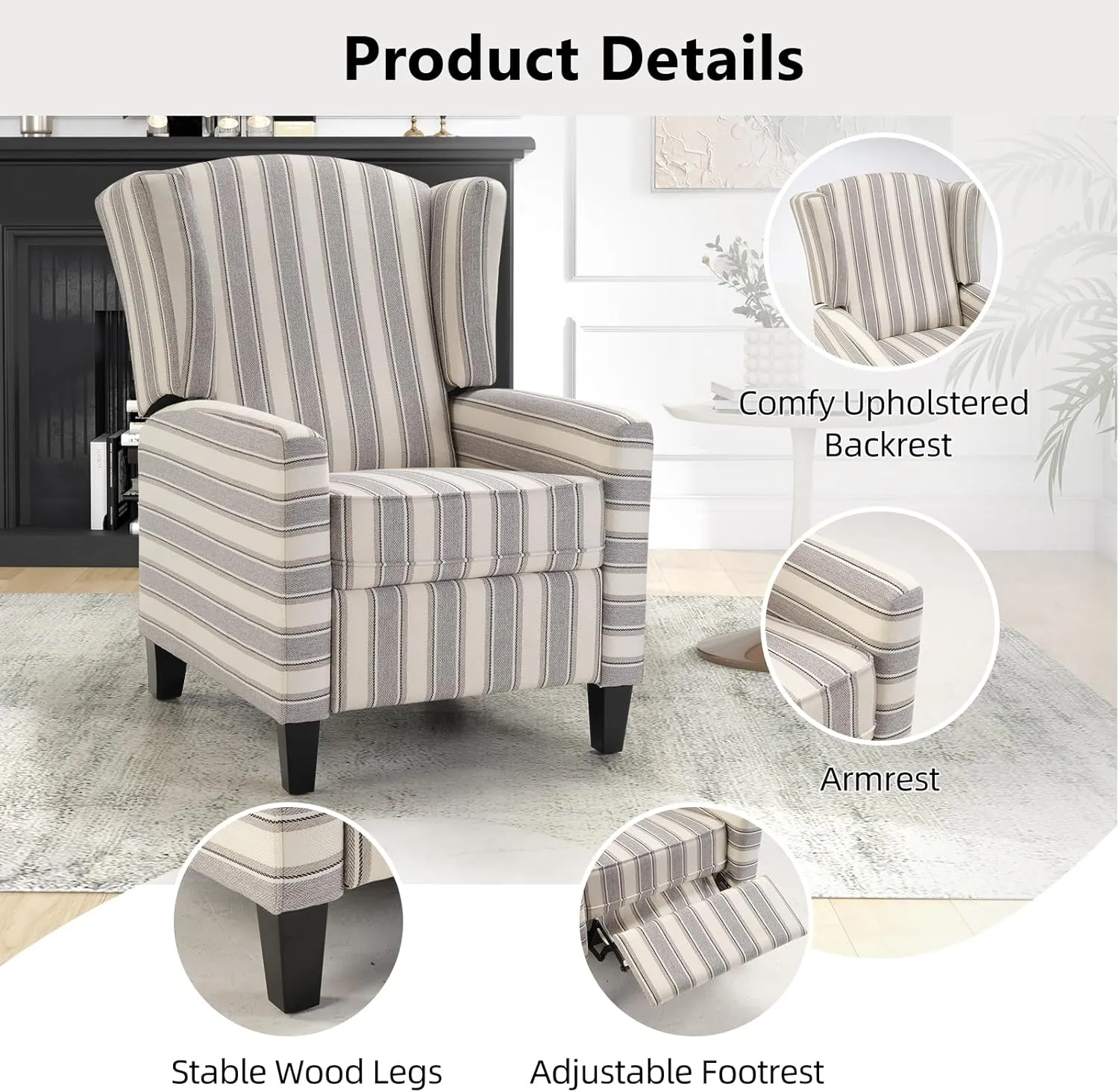 Wingback Pushback Recliner Chair Fabric Lounge Armchair Push Back Single Sofa Chair with Padded Seat Solid Wood Legs for Living Room, Mid Century Modern Recliner (Grey Stripe)