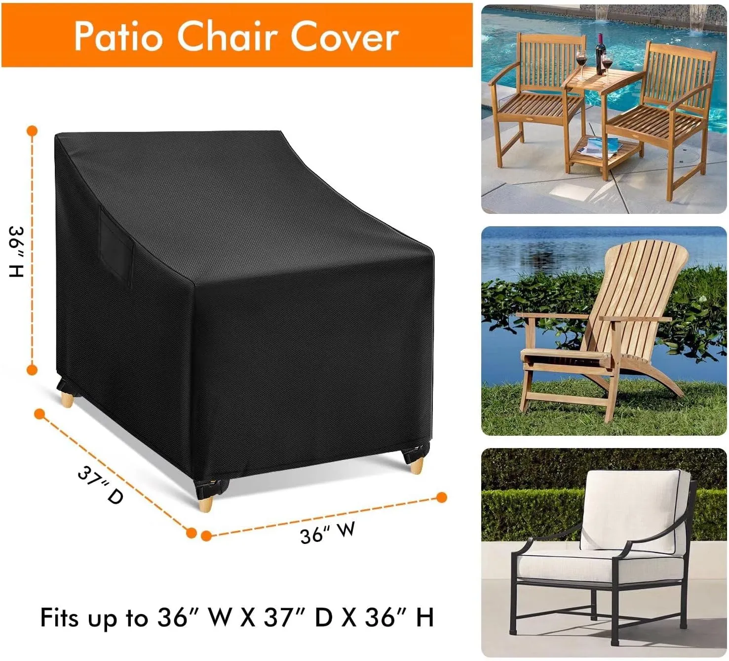 WLEAFJ Outdoor Chair Covers Waterproof, Black Lawn Patio Furniture Covers, Heavy Duty Patio Lounge Deep Seat Cover, 2 Pack - 36" W x 37" D x 36" H
