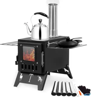 Wood Burning Stove with Chimney Pipe, Portable Hot Tent Stove for Camping, Folding Wood Stove, Tent Stove for Heating, Burner Stove for Tent,Camping, Ice-fishing, Cookout, Hiking, Travel (Black)