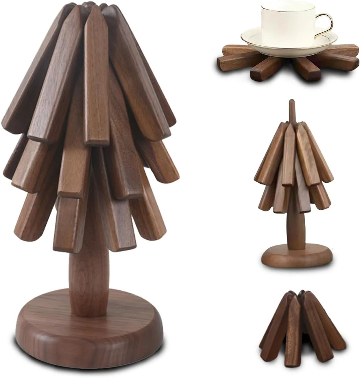 Wood Collapsible Hot Pad Trivet Tree, Tree Shape Trivet Set, Folding Trivets Mat for Hot Dishes, Non-Slip Heat Resistant Kitchen Insulation Pad, Countertop Mat for Pots and Pans (Dark Walnut)