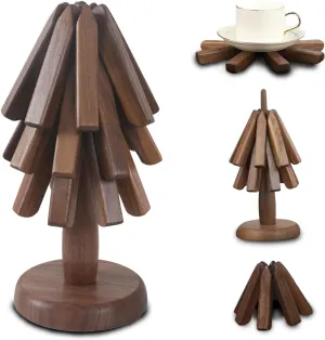 Wood Collapsible Hot Pad Trivet Tree, Tree Shape Trivet Set, Folding Trivets Mat for Hot Dishes, Non-Slip Heat Resistant Kitchen Insulation Pad, Countertop Mat for Pots and Pans (Dark Walnut)