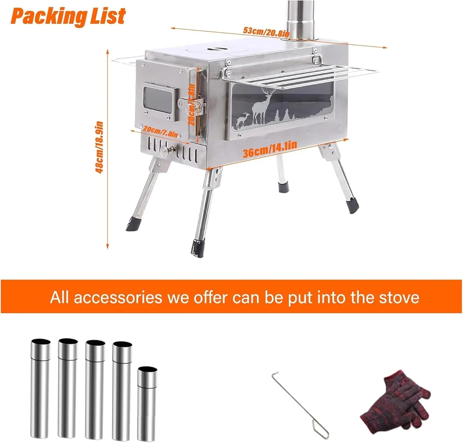 Wood Stove Hot Tent Stove, Camping Wood Stove Stainless Steel Camping Tent Stove, Portable Wood Burning Stove with Chimney Pipes & Gloves for Outdoor Cooking and Heating