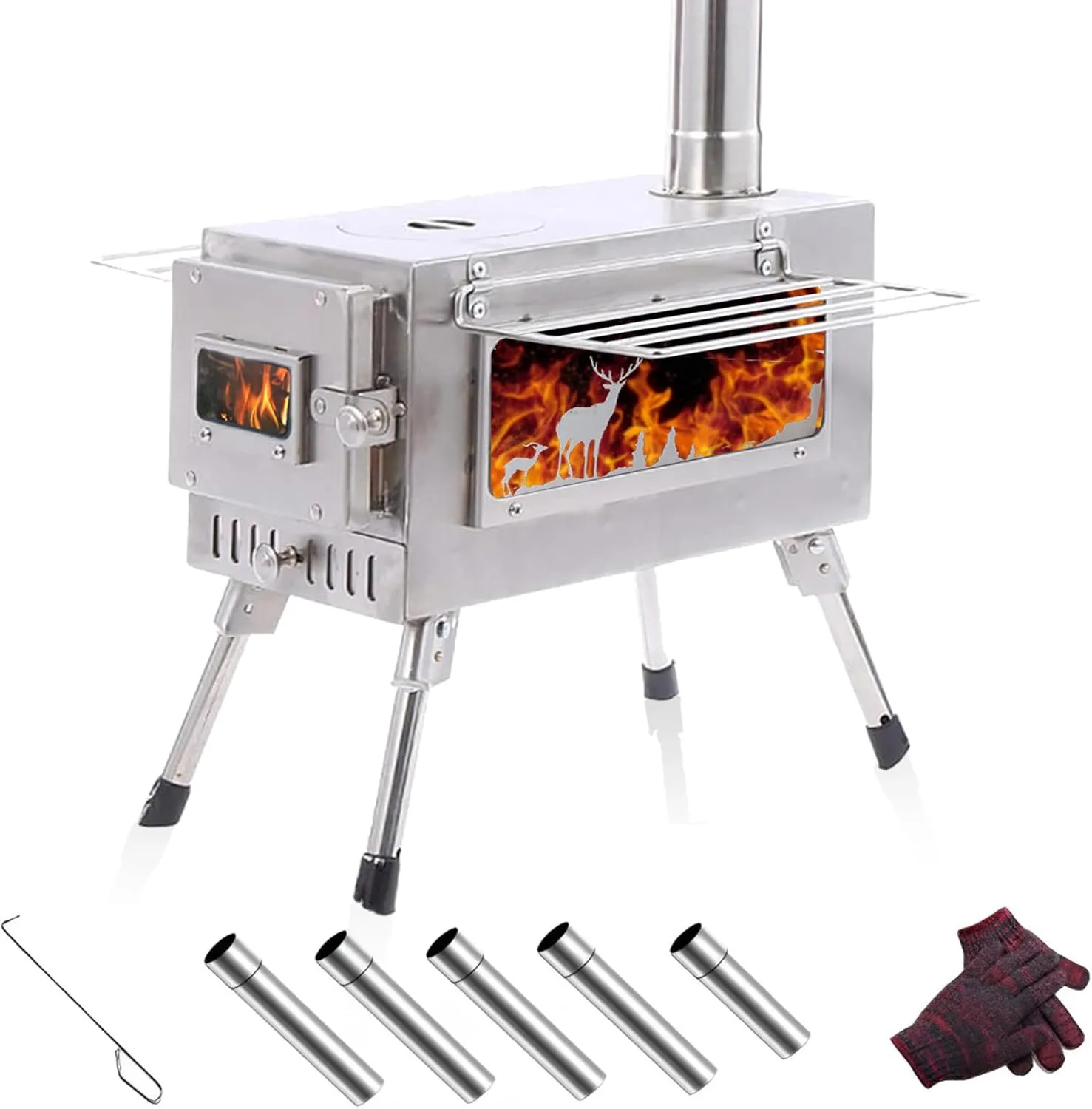 Wood Stove Hot Tent Stove, Camping Wood Stove Stainless Steel Camping Tent Stove, Portable Wood Burning Stove with Chimney Pipes & Gloves for Outdoor Cooking and Heating