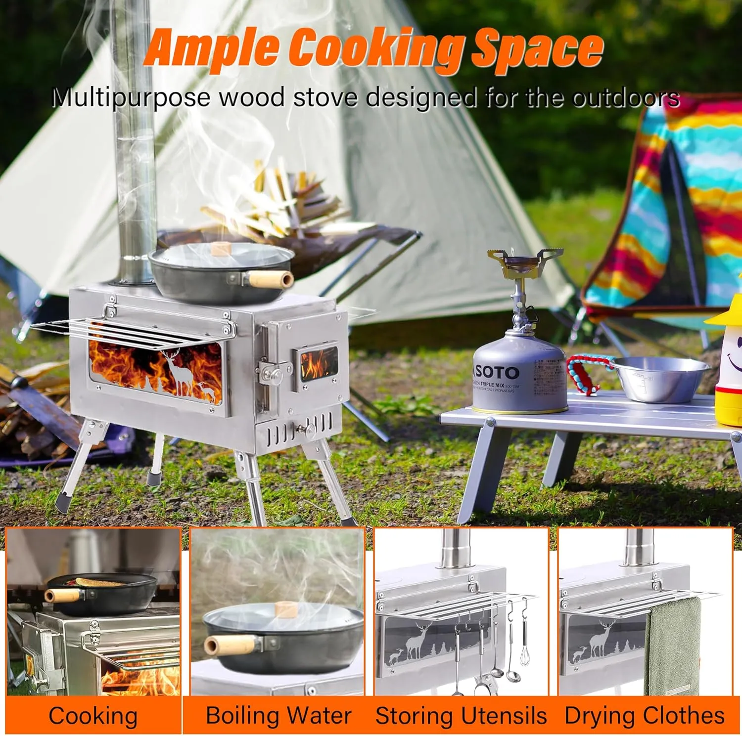 Wood Stove Hot Tent Stove, Camping Wood Stove Stainless Steel Camping Tent Stove, Portable Wood Burning Stove with Chimney Pipes & Gloves for Outdoor Cooking and Heating