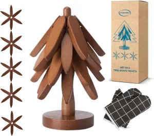 Wooden Tree Shaped Trivets Set with Heat Resistant Gloves, Collapsible Coasters Set of 4, Foldable & Space Saving Wooden trivets for hot Dishes Tree Shape with Stand for Bowls Pots & Teapots.