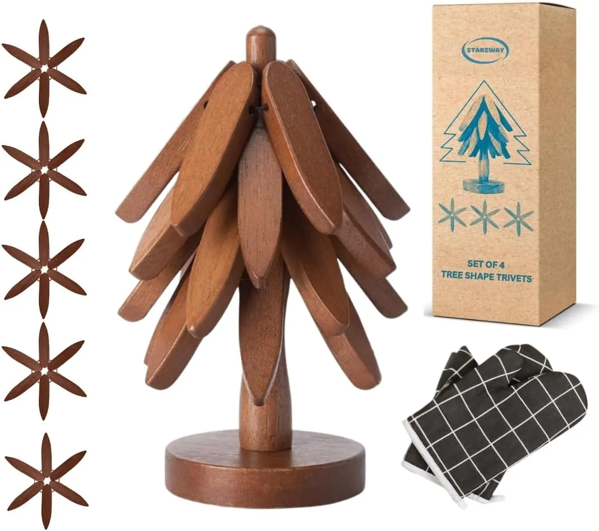 Wooden Tree Shaped Trivets Set with Heat Resistant Gloves, Collapsible Coasters Set of 4, Foldable & Space Saving Wooden trivets for hot Dishes Tree Shape with Stand for Bowls Pots & Teapots.