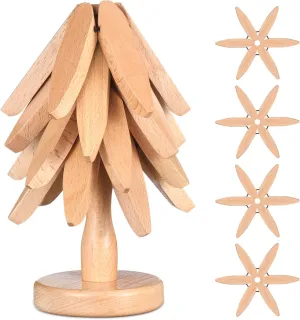 Wooden Trivets for Hot Dishes, Tree Shape Trivets for Pots and Pans Table Insulation Mat Set Collapsible Coasters Heat Resistant Pads for Kitchen Counter, 4 Wooden Trivet and 1 Stand
