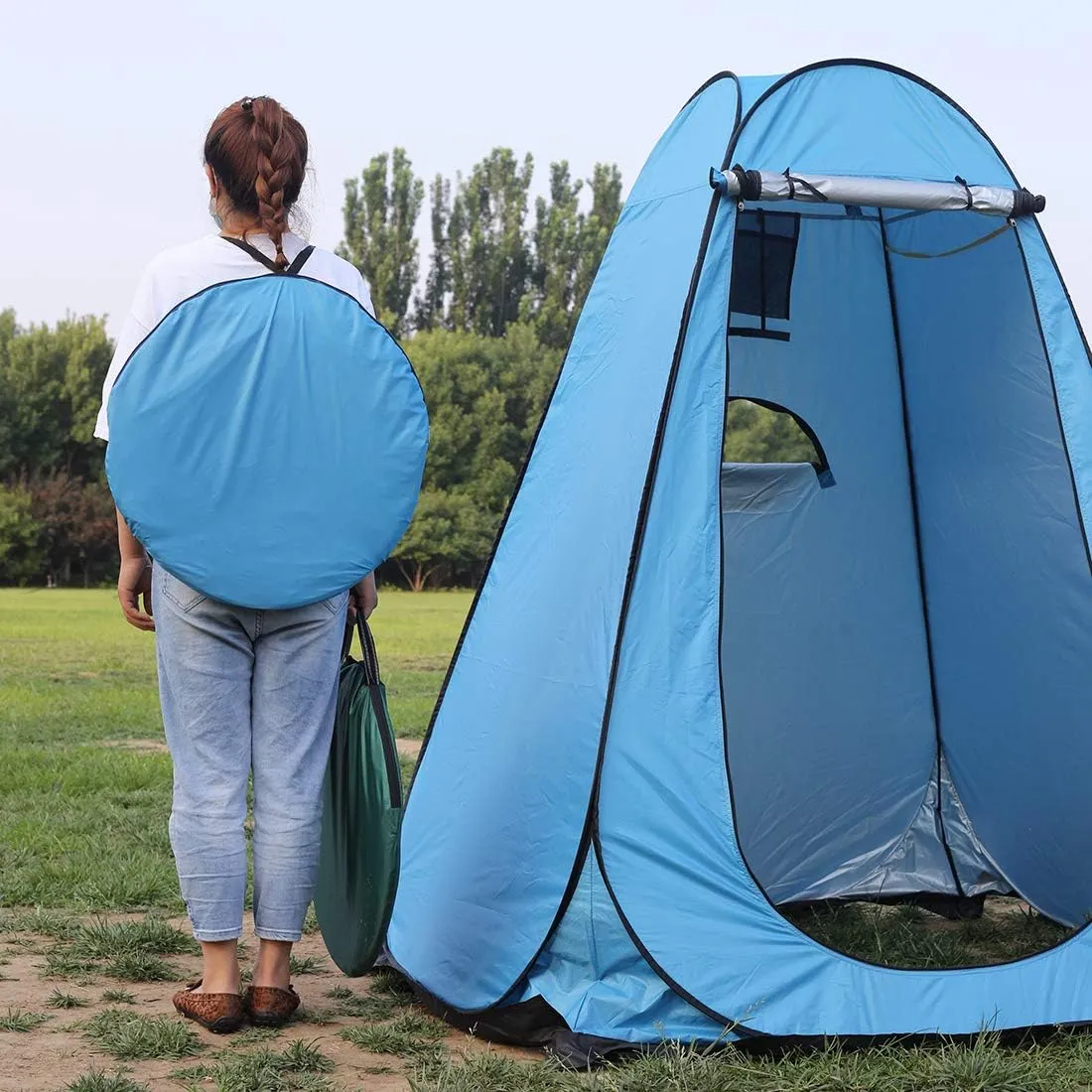 WOWCASE 1-2 Person Large Space Pop Up Shower Privacy Shelter Tent with 3 Windows, Outdoor Waterproof Silver Anti-UV Coated Portable Dressing Room, Privacy Shower Tents for Camping Beach Isolation Sun Shelter Picnic Fishing
