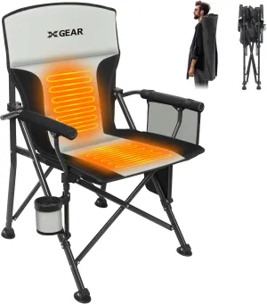 XGEAR Heated Camping Chair for Adults, 3 Heat Levels, Heated Back and Seat, Fully Padded Heated Camp Chair for Outdoor, Battery Not Included(Black/Silver)