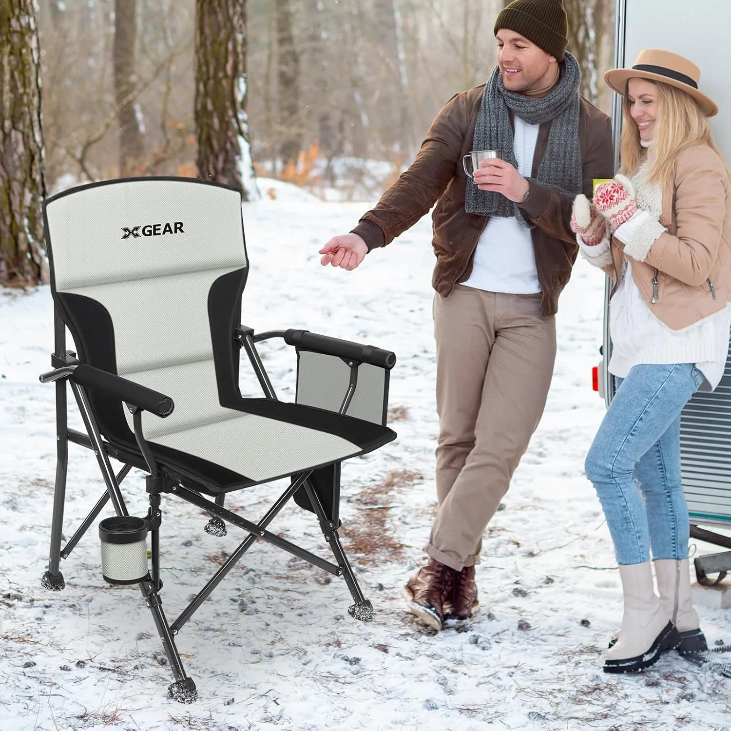 XGEAR Heated Camping Chair for Adults, 3 Heat Levels, Heated Back and Seat, Fully Padded Heated Camp Chair for Outdoor, Battery Not Included(Black/Silver)