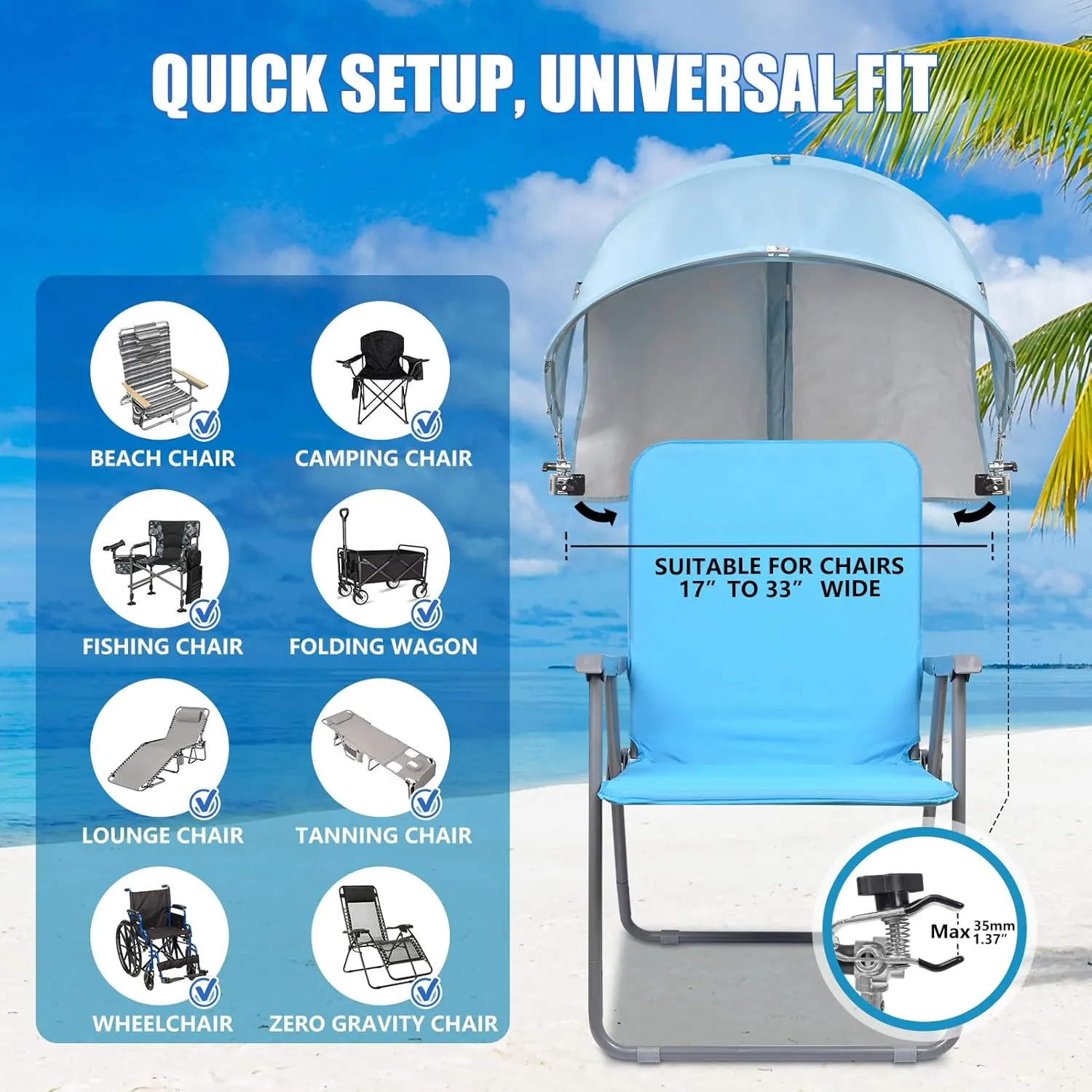 XL Universal Chair Canopy Umbrella, UPF 50  Foldable Sun Shade Attachment with Adjustable Clamp for Beach, Camping, Sports, Outdoor, Lawn, Tanning, Zero Gravity Chairs, Wagon, Wheelchair, Patented