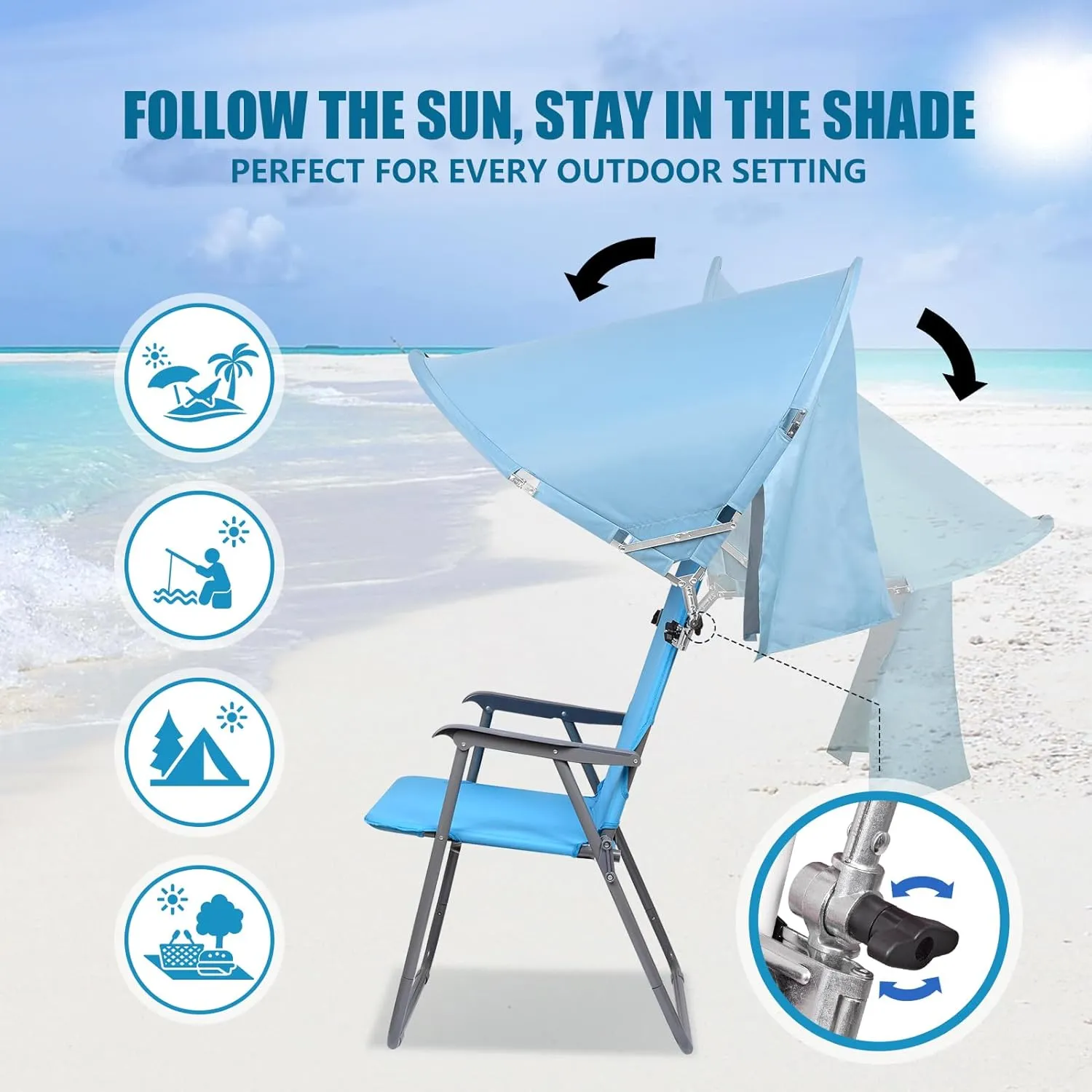 XL Universal Chair Canopy Umbrella, UPF 50  Foldable Sun Shade Attachment with Adjustable Clamp for Beach, Camping, Sports, Outdoor, Lawn, Tanning, Zero Gravity Chairs, Wagon, Wheelchair, Patented