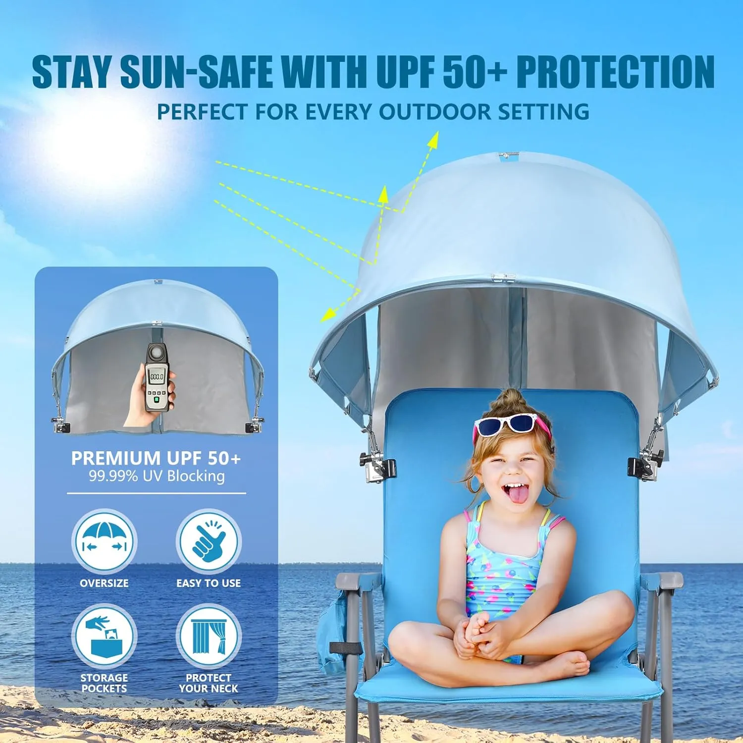 XL Universal Chair Canopy Umbrella, UPF 50  Foldable Sun Shade Attachment with Adjustable Clamp for Beach, Camping, Sports, Outdoor, Lawn, Tanning, Zero Gravity Chairs, Wagon, Wheelchair, Patented