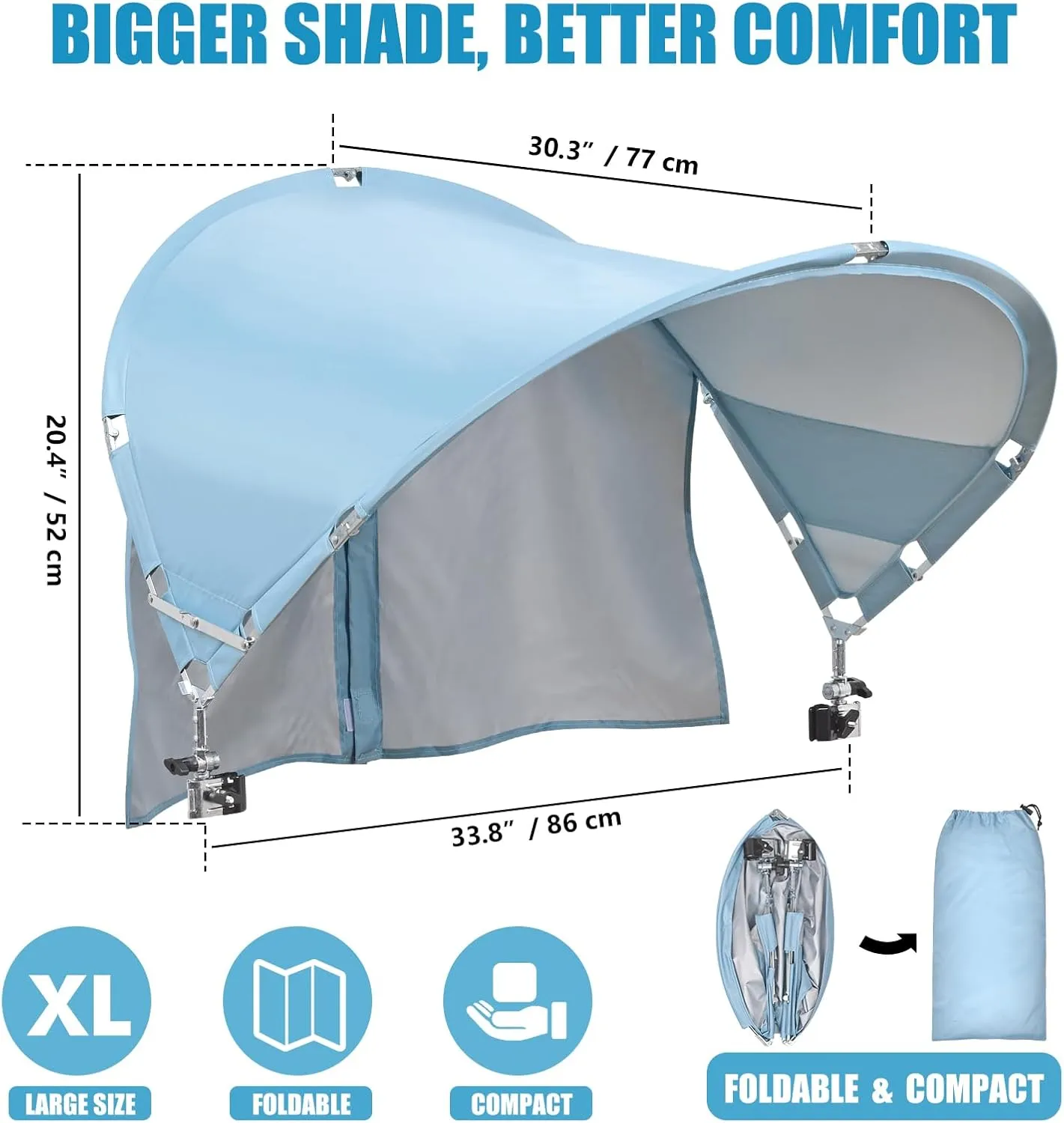 XL Universal Chair Canopy Umbrella, UPF 50  Foldable Sun Shade Attachment with Adjustable Clamp for Beach, Camping, Sports, Outdoor, Lawn, Tanning, Zero Gravity Chairs, Wagon, Wheelchair, Patented