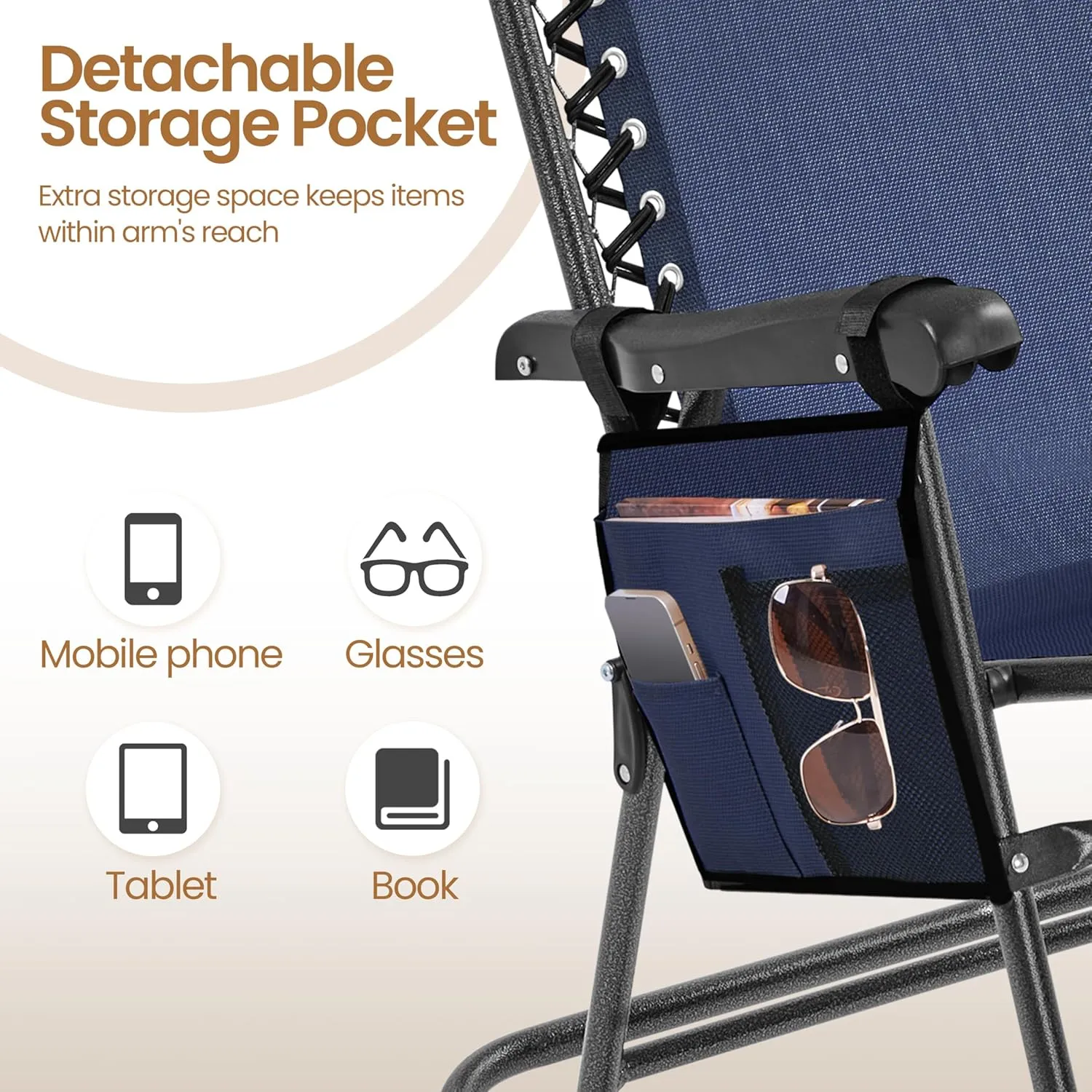 Yaheetech 26in Rocking Chair Outdoor Zero Gravity Folding Chairs Rocking Chairs Foldable Outdoor Lounge Chair for Outside Lawn with Cupholder/Pillow Ergonomic Design for Rest, Navy Blue, Set of 1