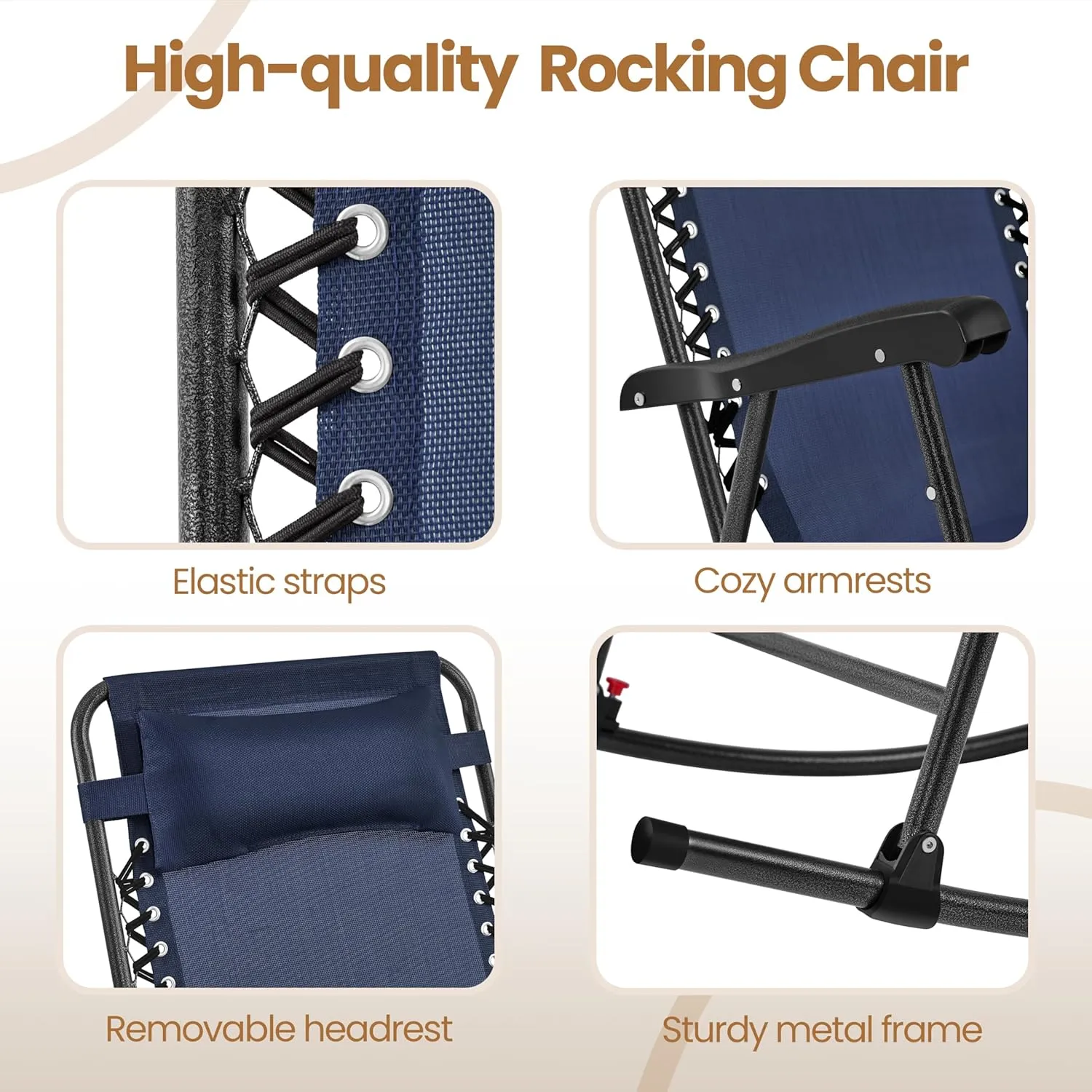Yaheetech 26in Rocking Chair Outdoor Zero Gravity Folding Chairs Rocking Chairs Foldable Outdoor Lounge Chair for Outside Lawn with Cupholder/Pillow Ergonomic Design for Rest, Navy Blue, Set of 1