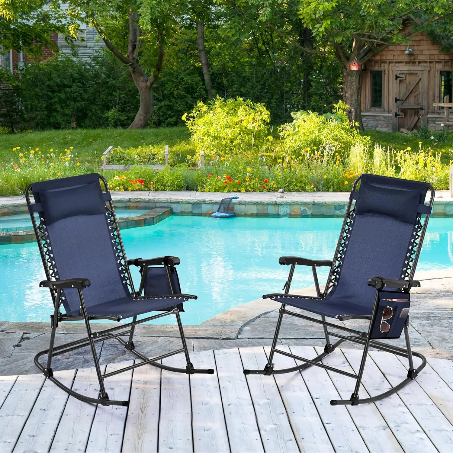 Yaheetech 26in Rocking Chair Outdoor Zero Gravity Folding Chairs Rocking Chairs Foldable Outdoor Lounge Chair for Outside Lawn with Cupholder/Pillow Ergonomic Design for Rest, Navy Blue, Set of 1