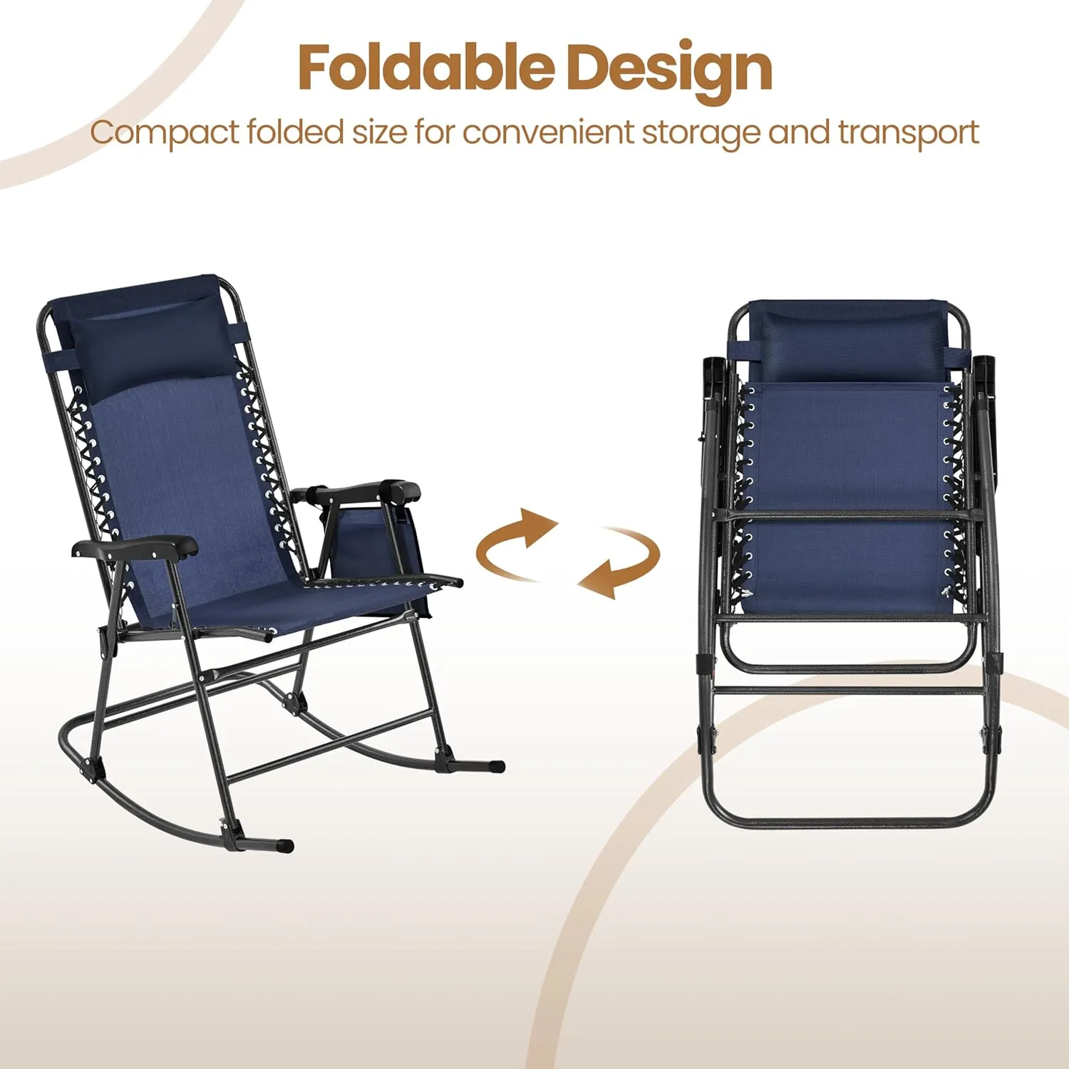 Yaheetech 26in Rocking Chair Outdoor Zero Gravity Folding Chairs Rocking Chairs Foldable Outdoor Lounge Chair for Outside Lawn with Cupholder/Pillow Ergonomic Design for Rest, Navy Blue, Set of 1