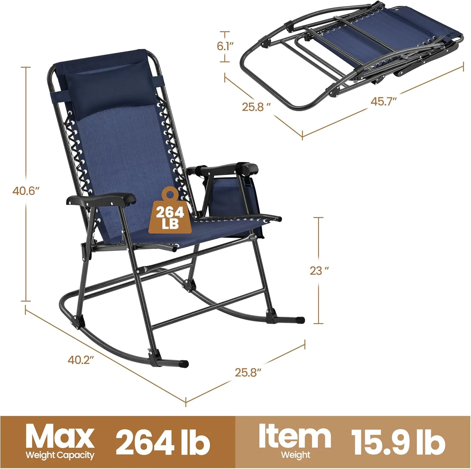 Yaheetech 26in Rocking Chair Outdoor Zero Gravity Folding Chairs Rocking Chairs Foldable Outdoor Lounge Chair for Outside Lawn with Cupholder/Pillow Ergonomic Design for Rest, Navy Blue, Set of 1