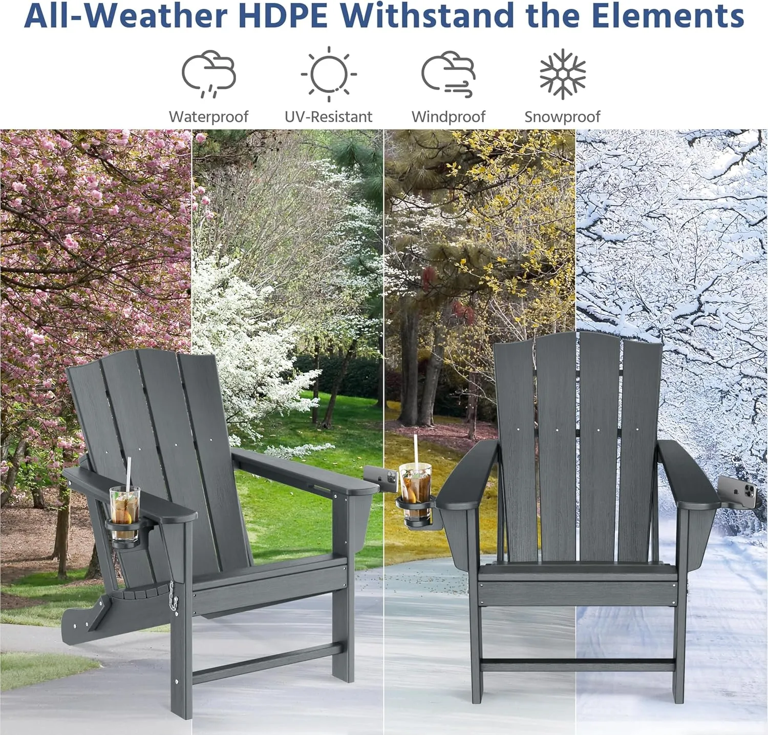 Yaheetech Folding Adirondack Chair Outdoor, HDPE Plastic Adirondack Chair with Cup/Mobile Phone Holder for Deck, Patio, Pool, Backyard, Weather Resistant, Wooden Texture, Easy Assembly Gray