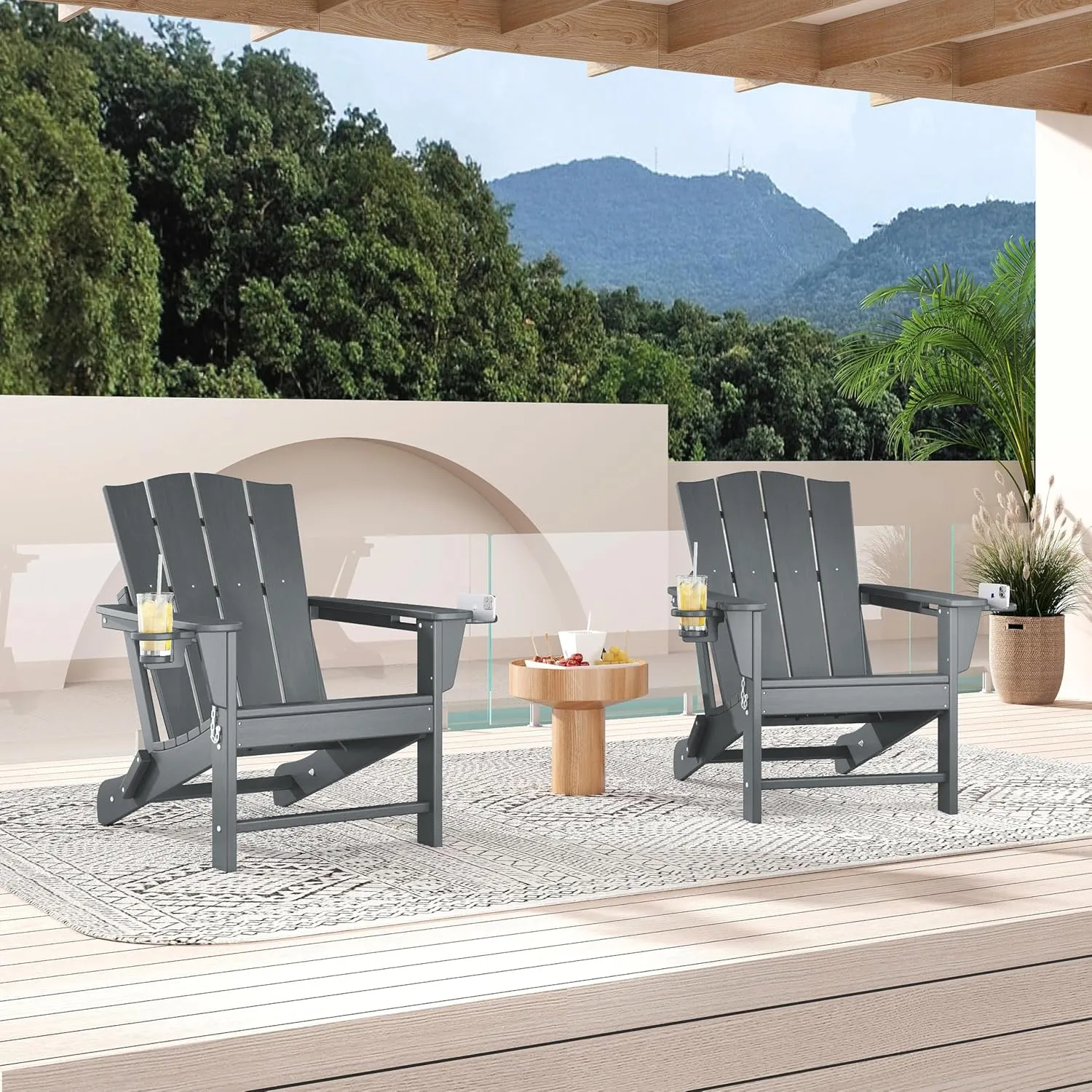 Yaheetech Folding Adirondack Chair Outdoor, HDPE Plastic Adirondack Chair with Cup/Mobile Phone Holder for Deck, Patio, Pool, Backyard, Weather Resistant, Wooden Texture, Easy Assembly Gray
