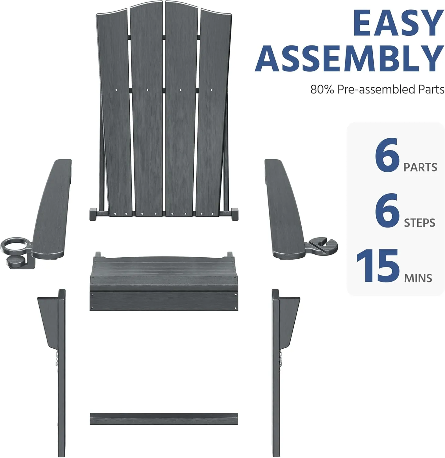 Yaheetech Folding Adirondack Chair Outdoor, HDPE Plastic Adirondack Chair with Cup/Mobile Phone Holder for Deck, Patio, Pool, Backyard, Weather Resistant, Wooden Texture, Easy Assembly Gray