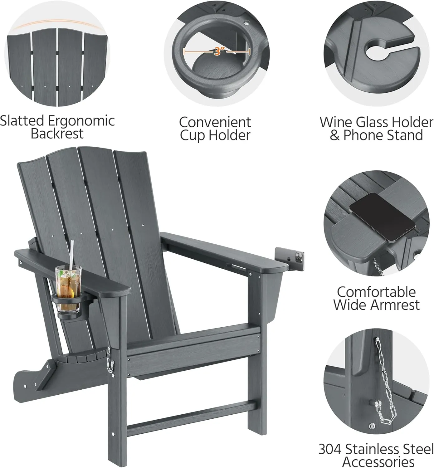 Yaheetech Folding Adirondack Chair Outdoor, HDPE Plastic Adirondack Chair with Cup/Mobile Phone Holder for Deck, Patio, Pool, Backyard, Weather Resistant, Wooden Texture, Easy Assembly Gray